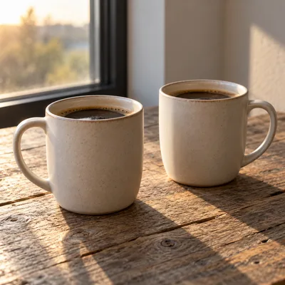 Duas xícaras de café sobre mesa de madeira, junto à janela, no fim da tarde