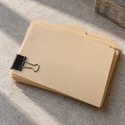 Pastas de papel em branco, sem etiqueta, presas por um clipe de metal