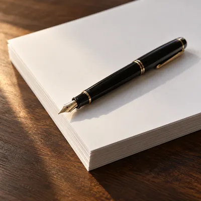 Caneta-tinteiro apoiada sobre uma resma de papel em branco
